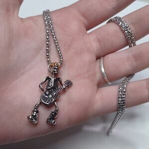 Stainless Necklace Dancing Skeleton Guitar Player Gold Hat Birthday Valentines